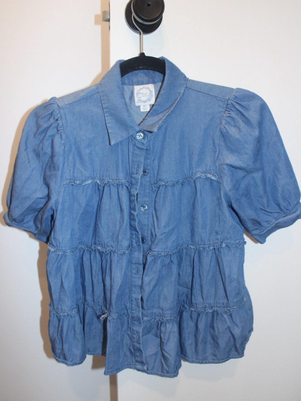 Blue Rain Francesca’s Tiered Chambray Ruffle Top Puff Sleeve Button Up Blue XS